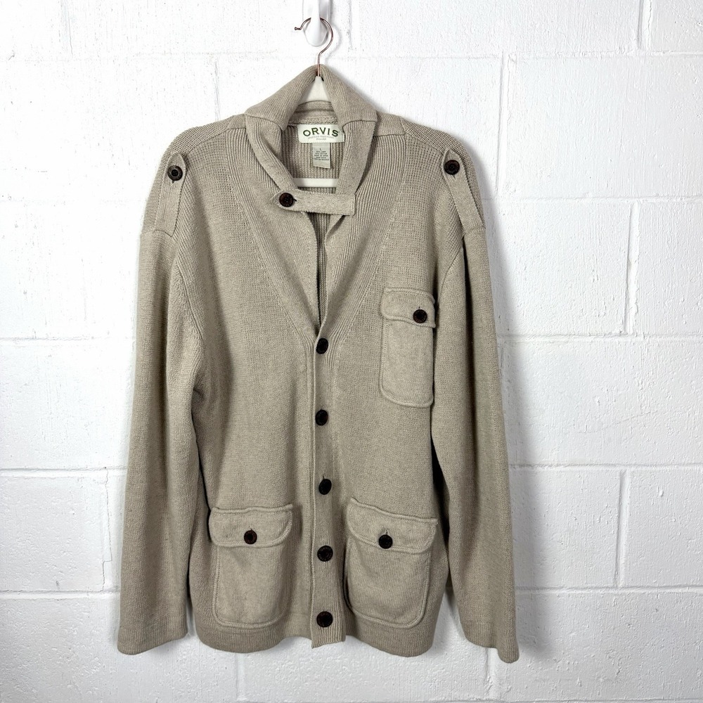 VTG Orvis Mens Shawl Collar Cardigan Size L Linen Heavy Tan Fisherman Academia